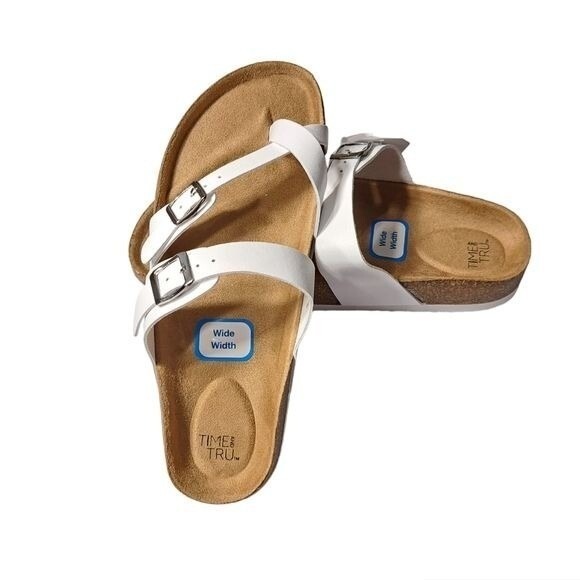 Time and Tru White Sandals Women's 8‎ Wide Width Cork Footbed Buckle Comfort - Picture 4 of 15